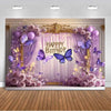 A luxurious purple butterfly photo backdrop decorated with roses and gold accents for a birthday or wedding event.