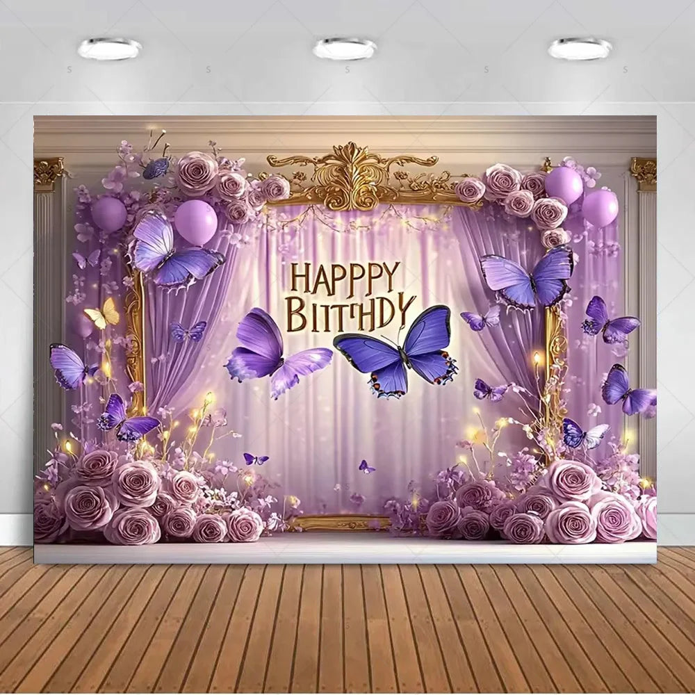 A luxurious purple butterfly photo backdrop decorated with roses and gold accents for a birthday or wedding event.