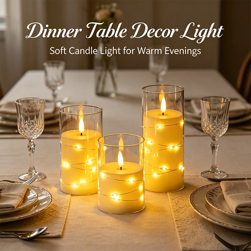 A set of glowing LED star string candles on a dining table for warm evening decor.