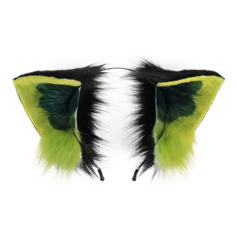 A pair of black and lime green furry fox ears headband for cosplay or themed parties.
