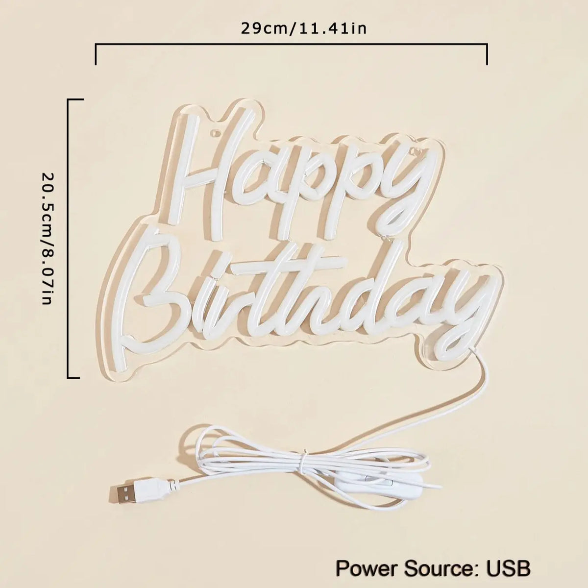 White LED neon sign with the words Happy Birthday cut out in a decorative font