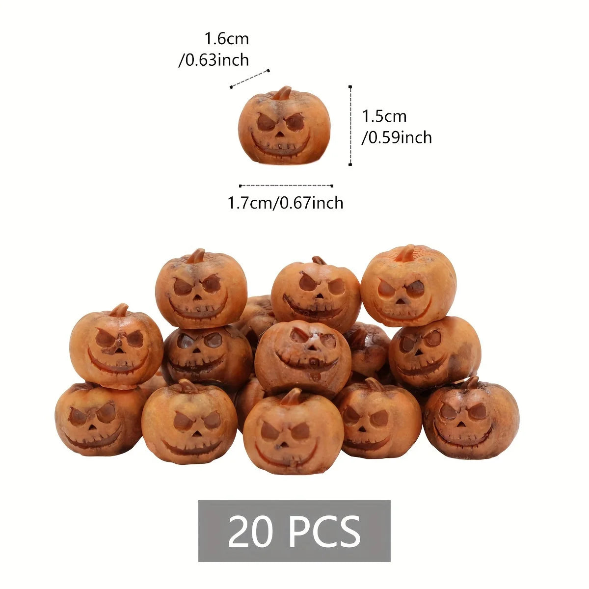 A set of 20 mini resin pumpkins for Halloween decor featuring carved faces.