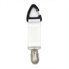 A silver portable straw hat clip with a black loop and white fabric strap.