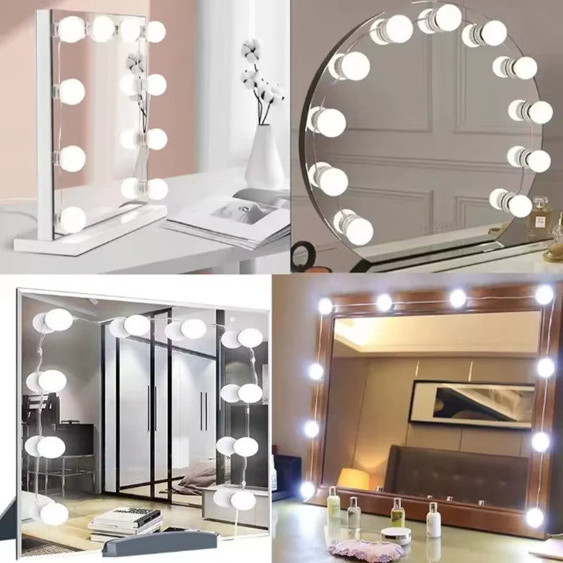 A round dimmable LED vanity mirror with multiple lights reflecting a room interior.