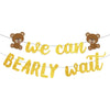 Gold glitter banner featuring two teddy bears and the text We can barely wait