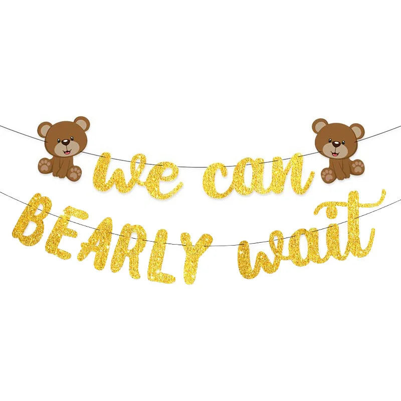 Gold glitter banner featuring two teddy bears and the text We can barely wait