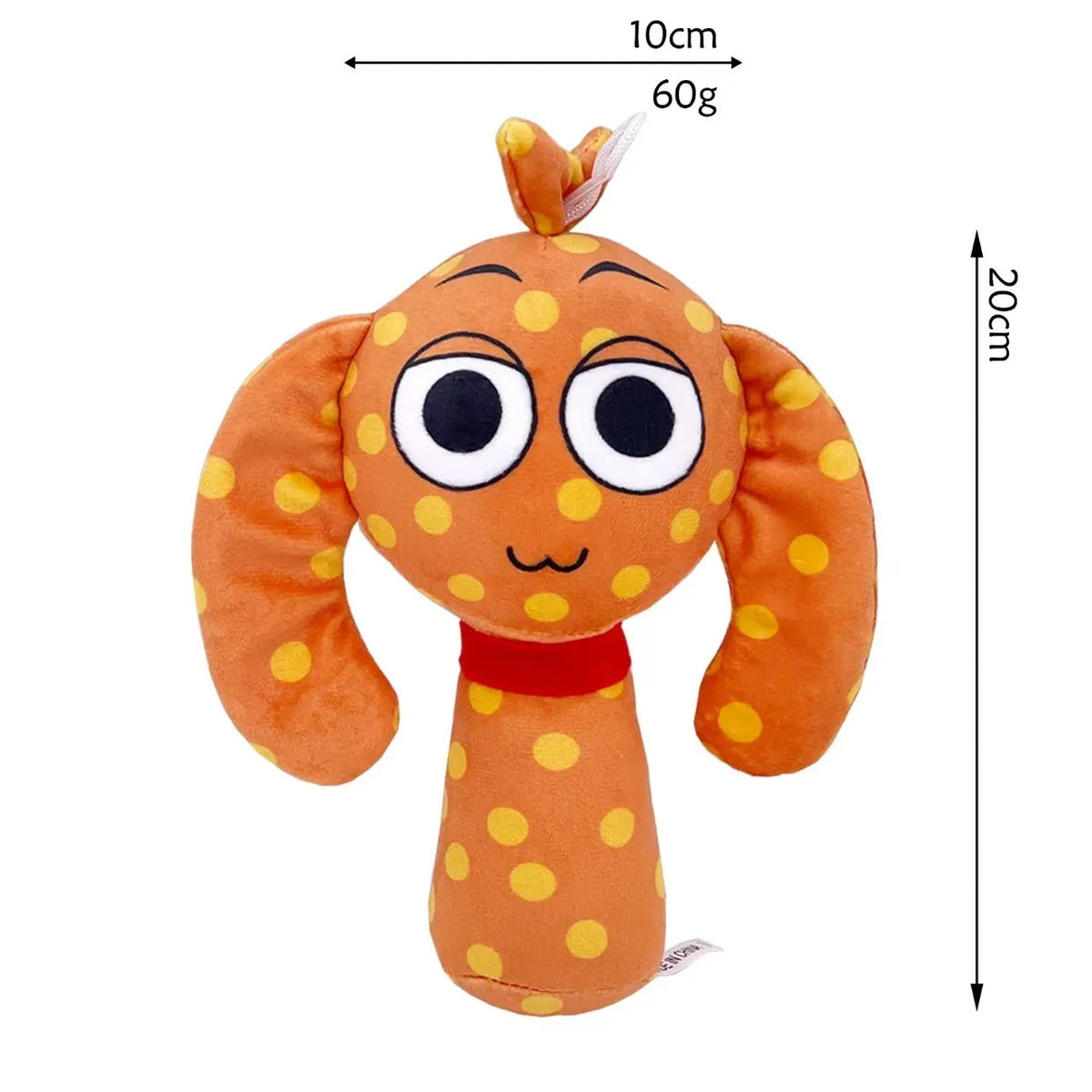 An orange collectible plush toy with large eyes and yellow polka dots, measuring 10cm long and weighing 60g.