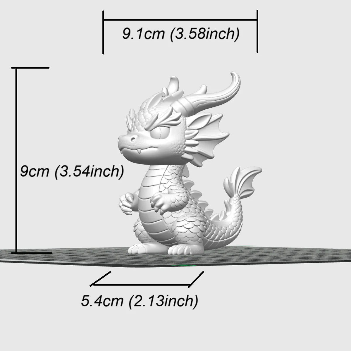 A white miniature dragon desk ornament with a length of 9cm and a height of 9cm.