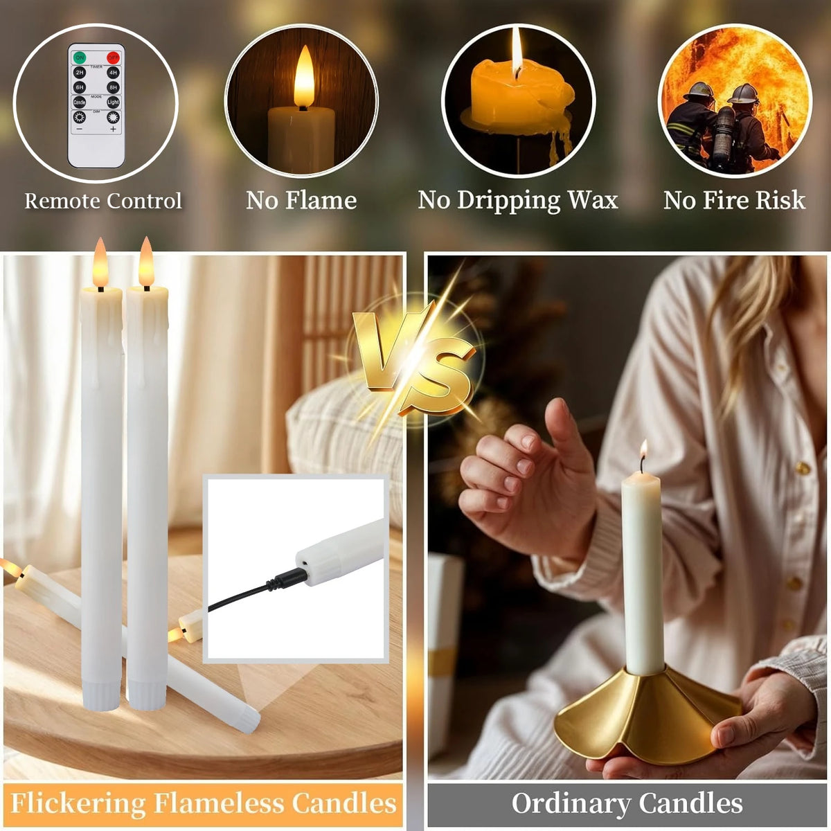Comparison image showing flickering flameless candles versus ordinary candles.