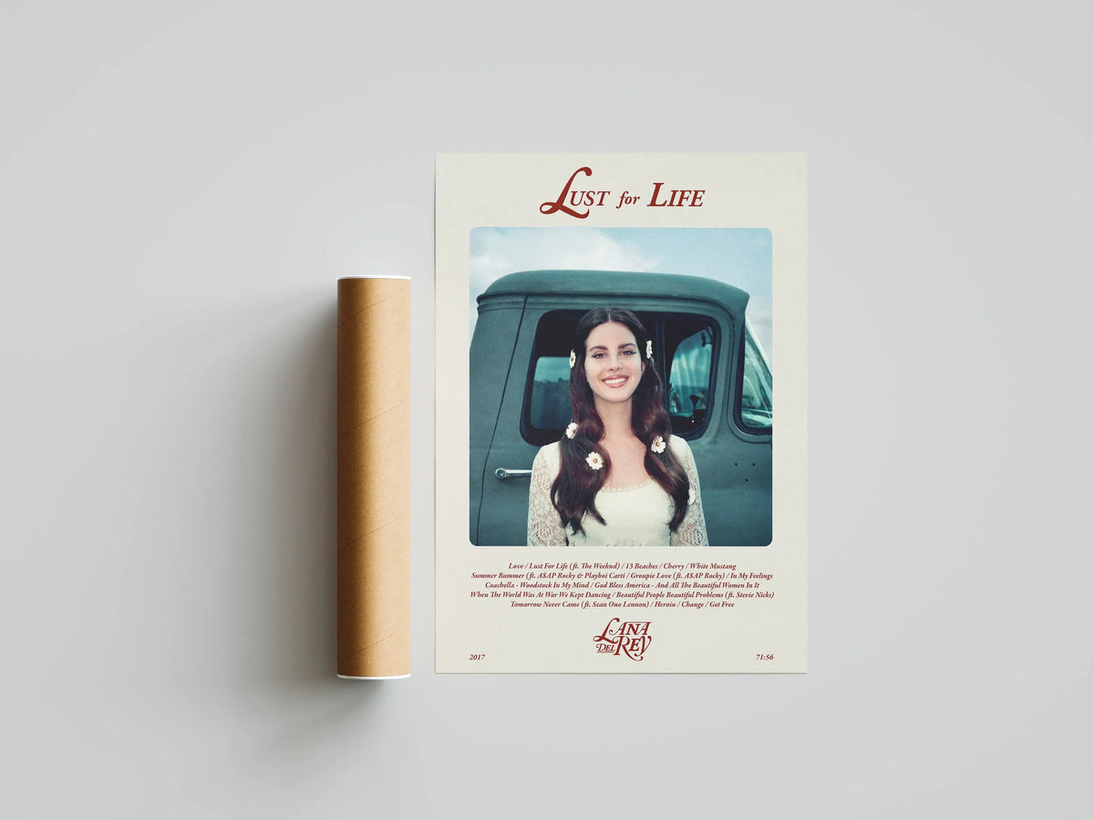 A canvas print featuring a woman in a vintage car with the title Lust for Life