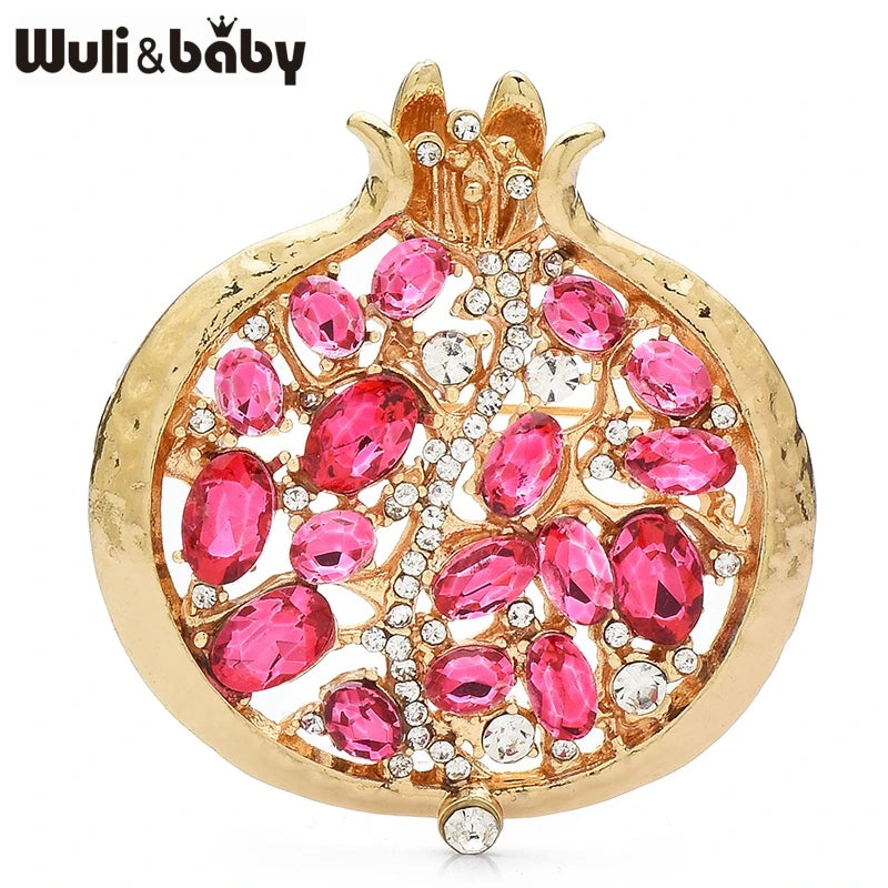 Gold and pink crystal pomegranate brooch pin for women