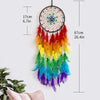A colorful feather dream catcher pendant with a black hoop and dangling feathers, measuring 17cm high.