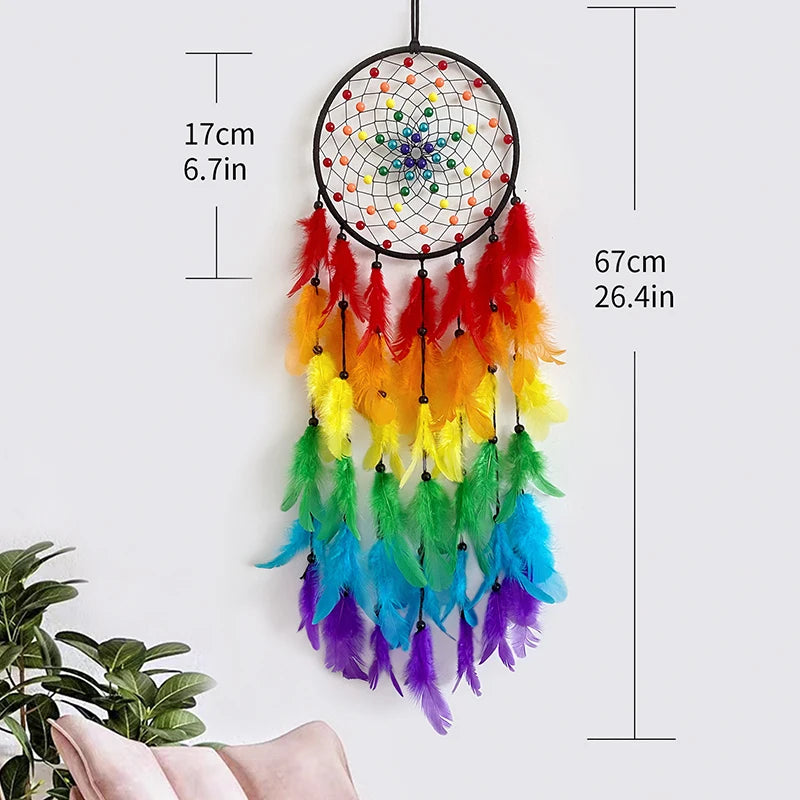A colorful feather dream catcher pendant with a black hoop and dangling feathers, measuring 17cm high.