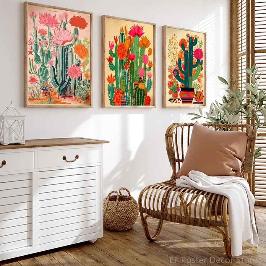 A set of three framed posters featuring colorful vintage cactus and floral art displayed on a white cabinet.