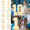 A set of light-up number balloons from zero to nine used for party decorations, shown alongside a girl posing with the number