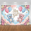 A watercolor-style gender reveal backdrop featuring pink and blue balloons and teddy bears against a light sky background.