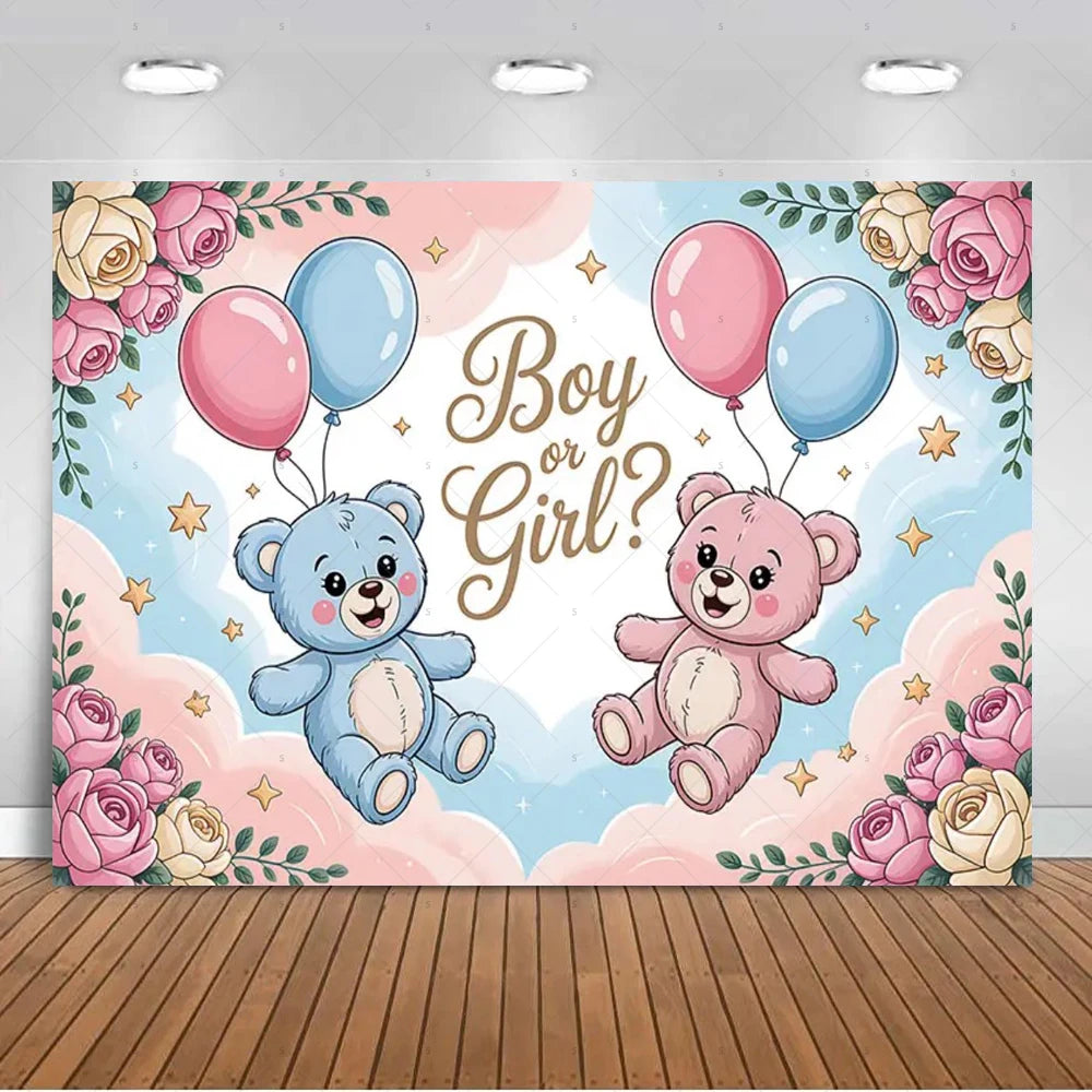 A watercolor-style gender reveal backdrop featuring pink and blue balloons and teddy bears against a light sky background.