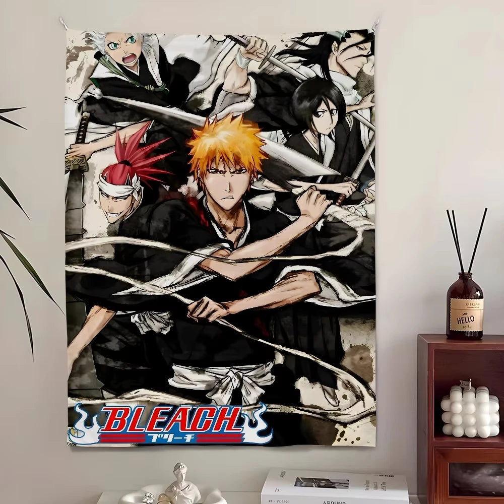 Monochromer Manga-Collage-Wandteppich mit Bleach-Charakteren in dynamischen Posen