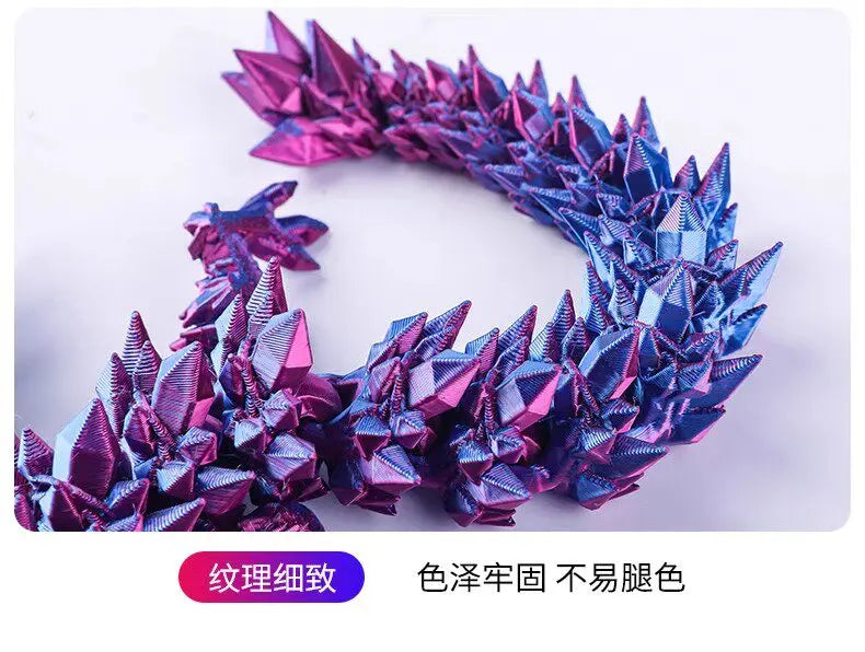 A close-up of a purple 3D printed articulated dragon fidget figurine with sharp, scaled details.