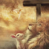A painting depicting a lion protecting a lamb, set against a background with a cross.