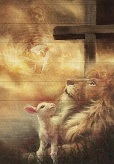 A painting depicting a lion protecting a lamb, set against a background with a cross.