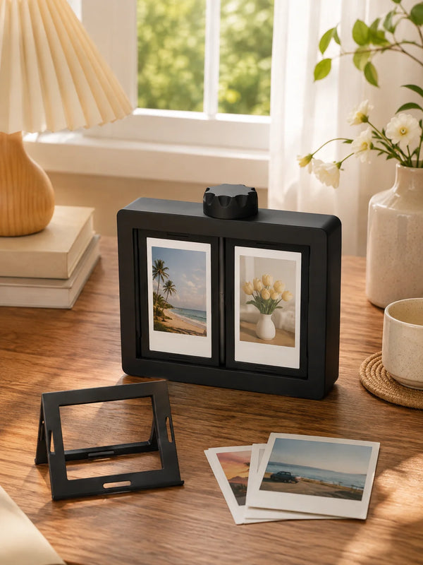 A black photo frame displaying a tropical landscape is shown on a wooden desk next to other decorative items.
