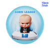 A blue plate featuring a cartoon baby leader character with a black suit and white shirt, used for party decorations.