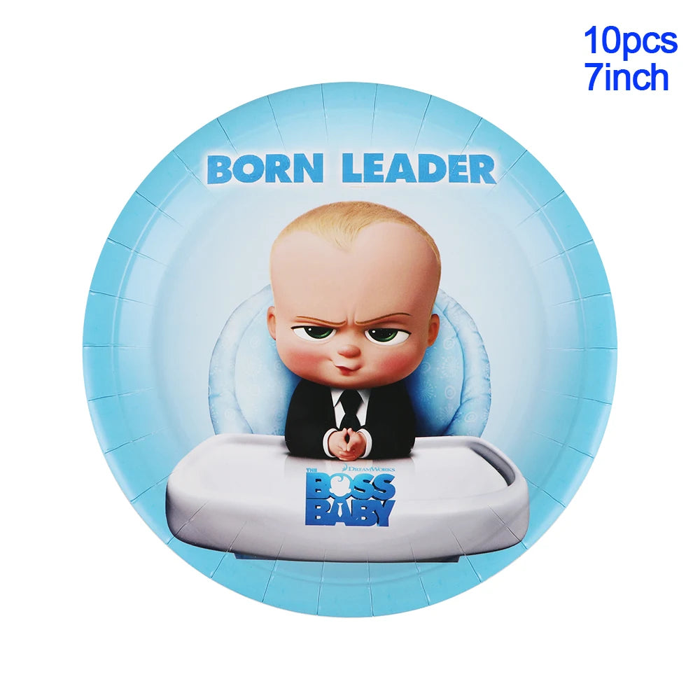 A blue plate featuring a cartoon baby leader character with a black suit and white shirt, used for party decorations.