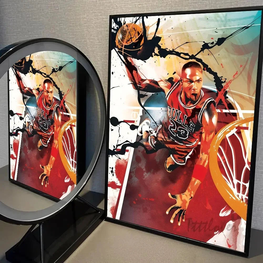 A framed canvas wall art print featuring a basketball player in action with dynamic paint splatters and a dark background.