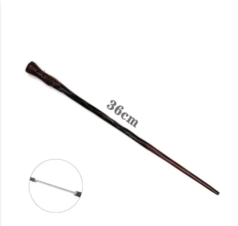 A dark brown metal magic wand with a textured tip, shown diagonally against a white background.