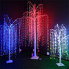 A weeping willow tree light display featuring numerous LED lights in blue, red, and white colors against a dark background.