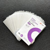 A stack of 50 clear plastic card sleeves with purple and white text is displayed on a dark gray surface.