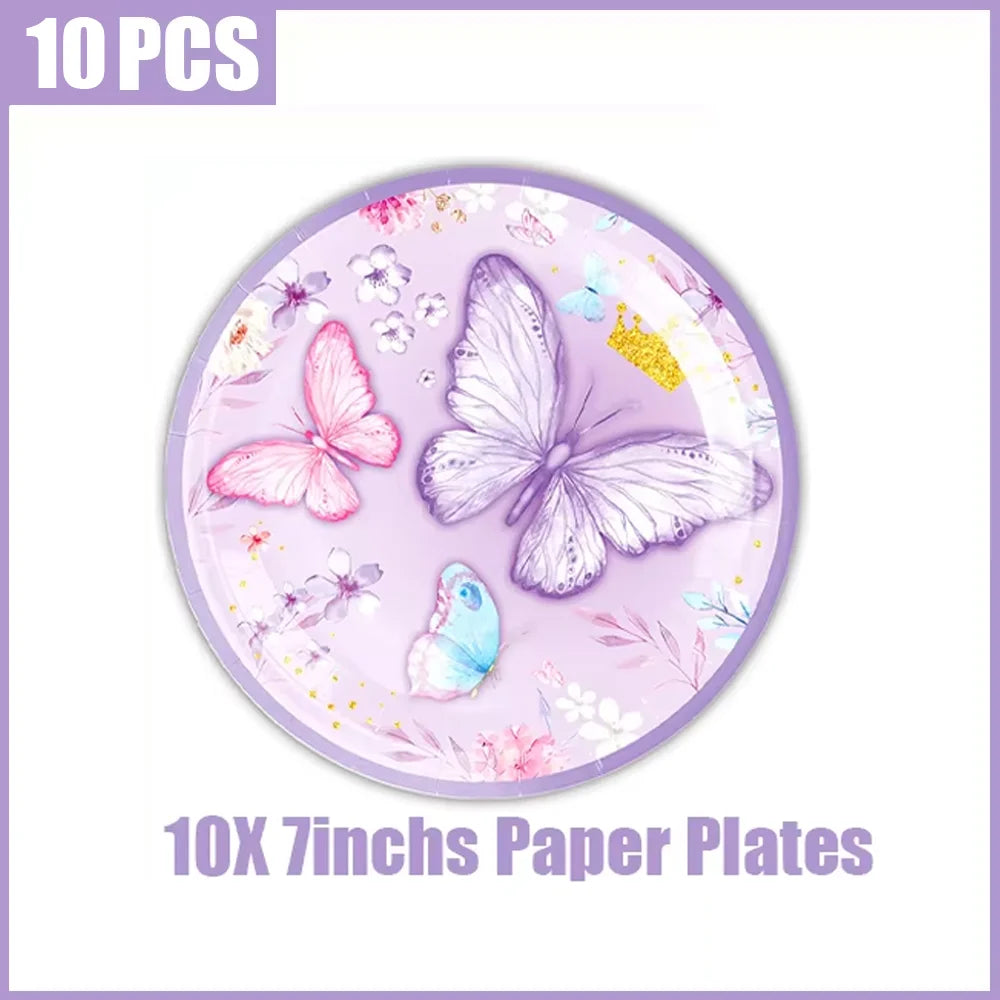 A set of ten 7-inch paper plates featuring a purple and pink butterfly theme.