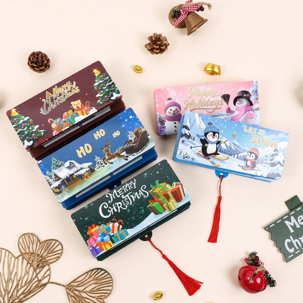 A festive cash gift box with 10 slots featuring Christmas and holiday themes, including a reindeer and snow scenes.