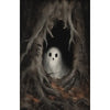 A dark, textured painting depicting a ghostly white figure emerging from a hollow tree trunk.