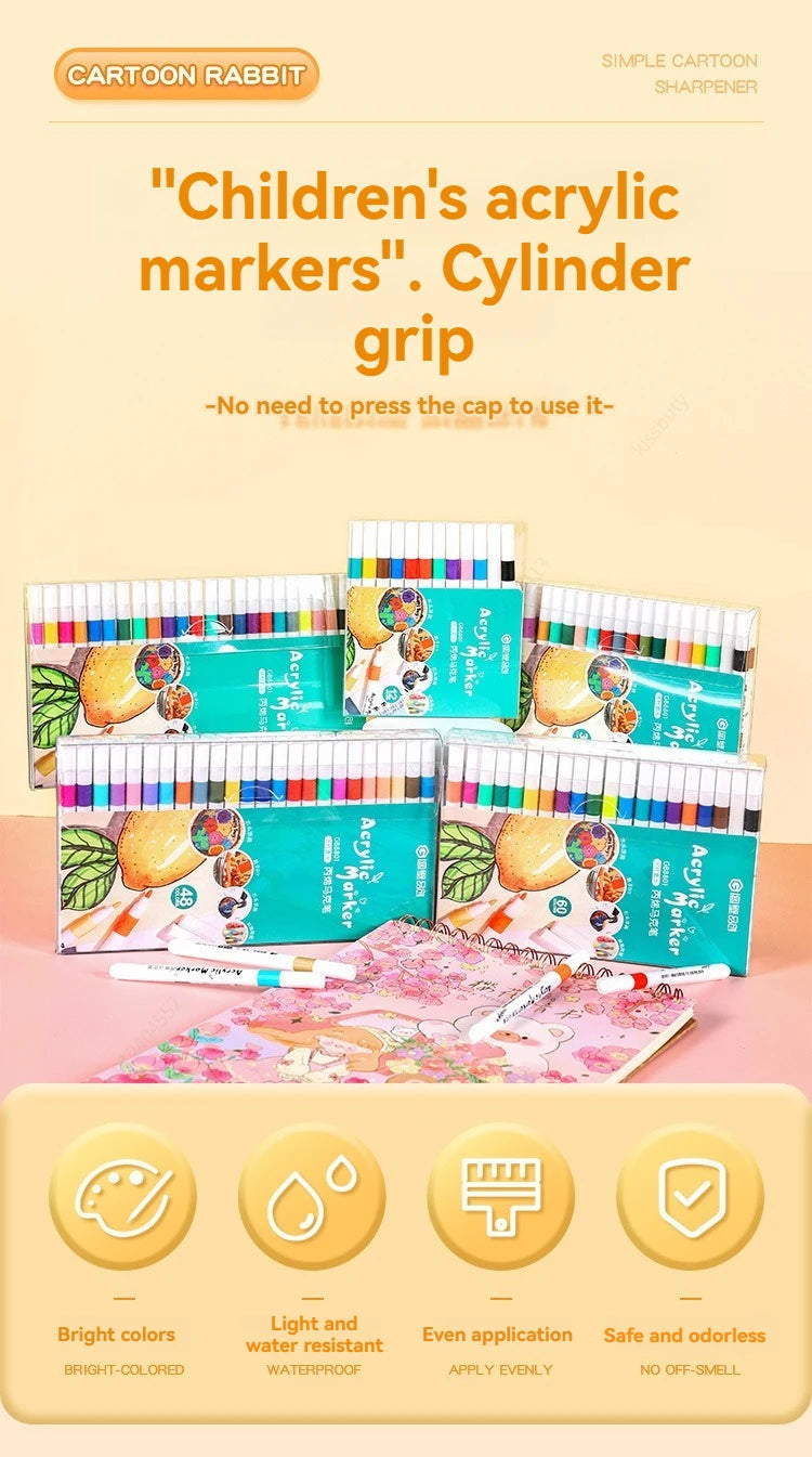 A set of 80-color acrylic markers in a cylinder grip for children, shown with various color options and packaging.