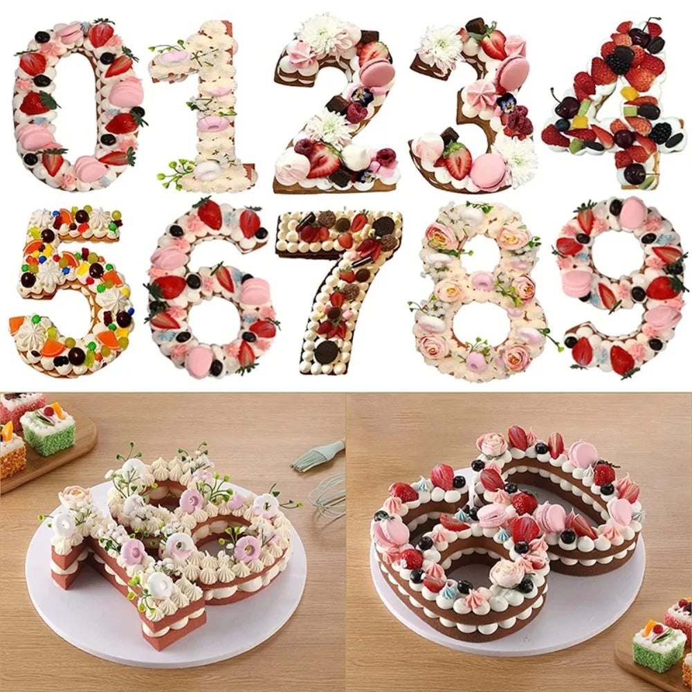 Sammlung von 10-Zoll-Silikon-3D-Zahlenkuchenformen (0-9) in verschiedenen Farben