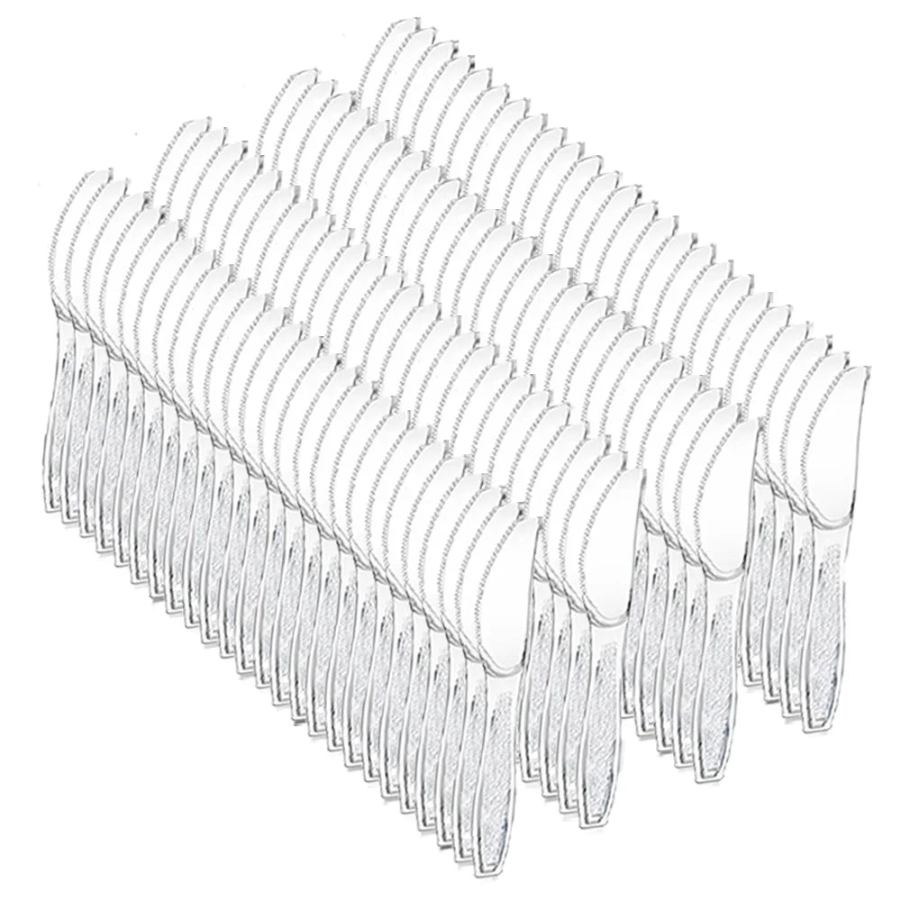 A set of 100 disposable plastic silverware pieces arranged in a fan shape.
