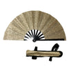A gold glitter holographic hand fan with a black handle, shown open and closed.