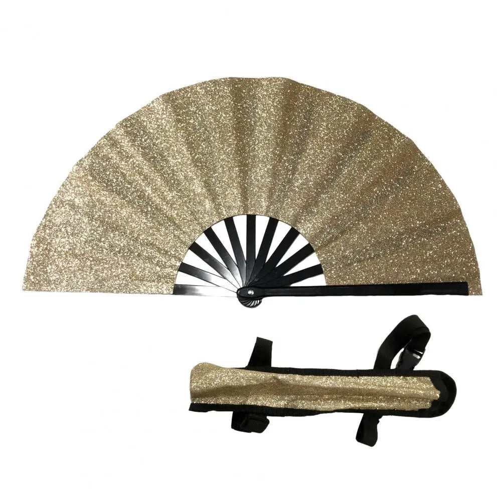 A gold glitter holographic hand fan with a black handle, shown open and closed.