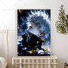 Anime wall poster of Gojo Satoru with spiky white hair and blue eyes against a dark background