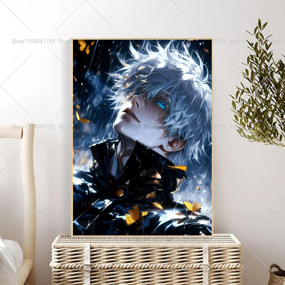Anime wall poster of Gojo Satoru with spiky white hair and blue eyes against a dark background