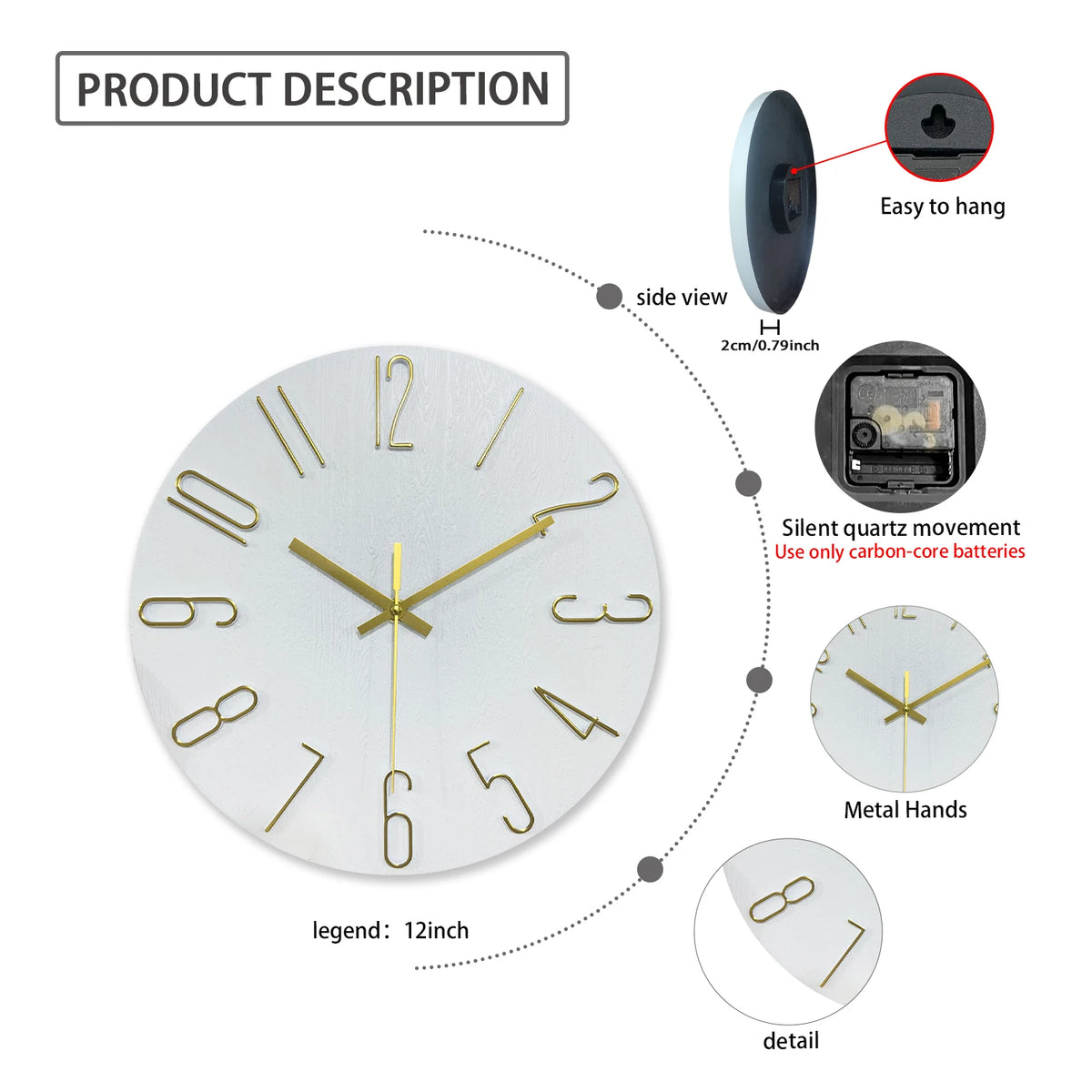 A white round wall clock with gold hands and numerals, showing side view, detail of the hands, and battery compartment.