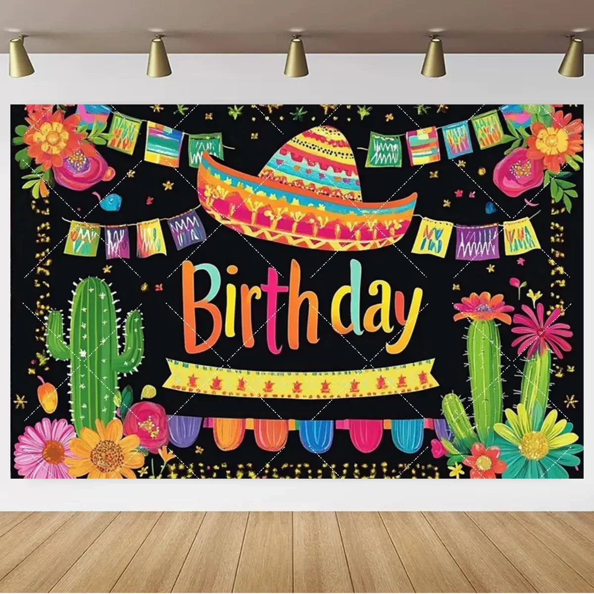 A vibrant Mexican carnival theme backdrop featuring a large sombrero, colorful banners, and cacti against a dark background.