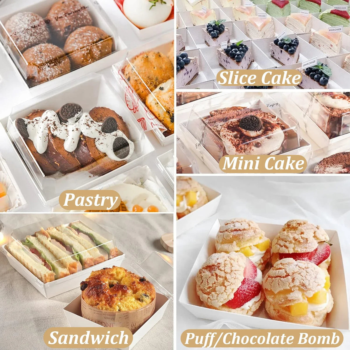 A collection of pastries, including slice cake, mini cake, and puff/chocolate bombs, displayed in clear lidded paper sandwich