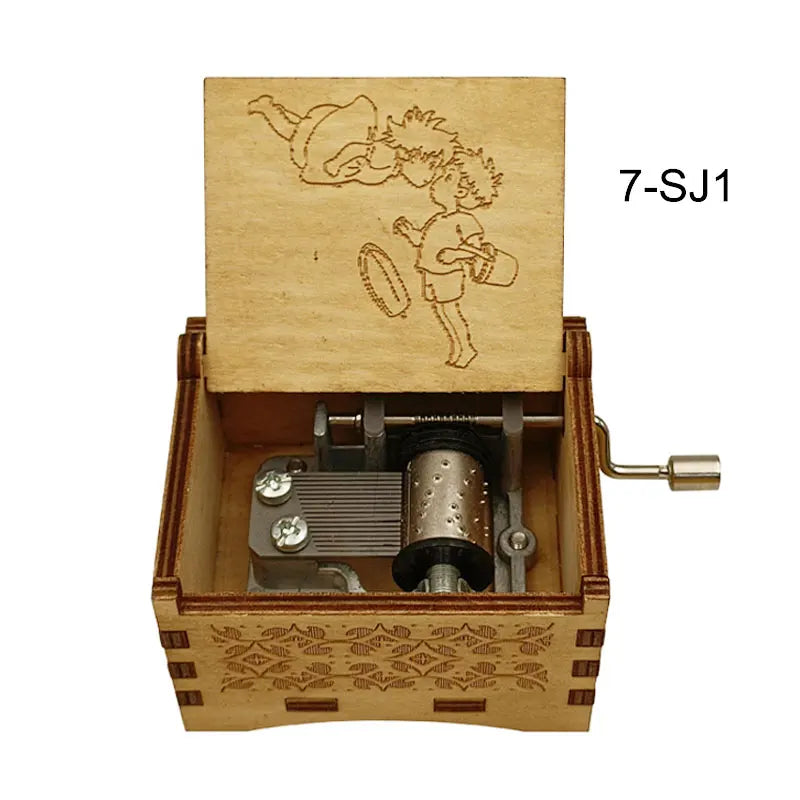 A wooden music box featuring a line drawing of an anime character, labeled 7-SJ1.