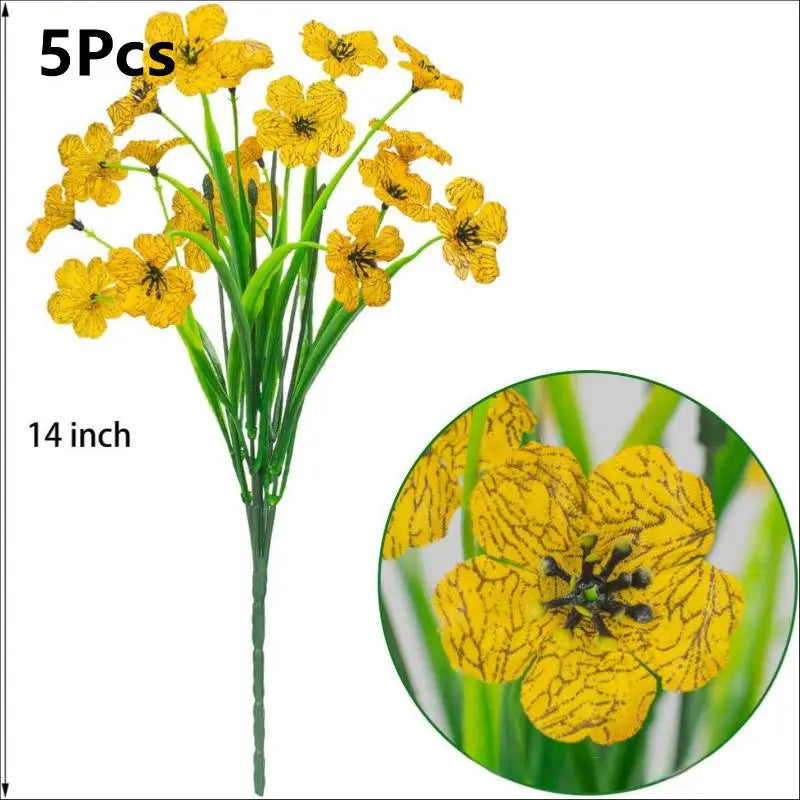 A bouquet of 5 artificial yellow violet flowers, 14 inches long.