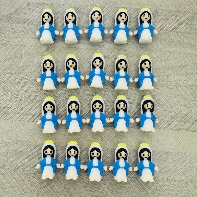 A set of twenty classic blue mini figurines with black hair and white accents arranged in a row.