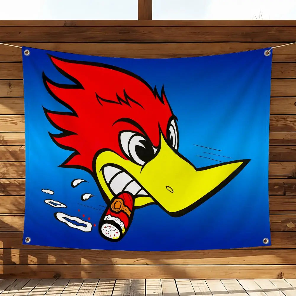 A vibrant flag featuring a stylized, angry red and yellow bird head design on a blue background.