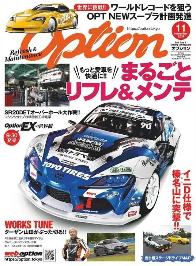 A promotional poster for Optin featuring a yellow sports car and text about world records and maintenance.